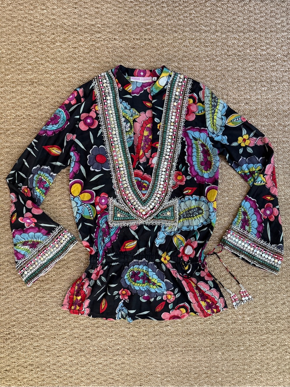 Monique Leshman Designer Hand Beaded Bohemian Floral Cotton Tunic Top M
